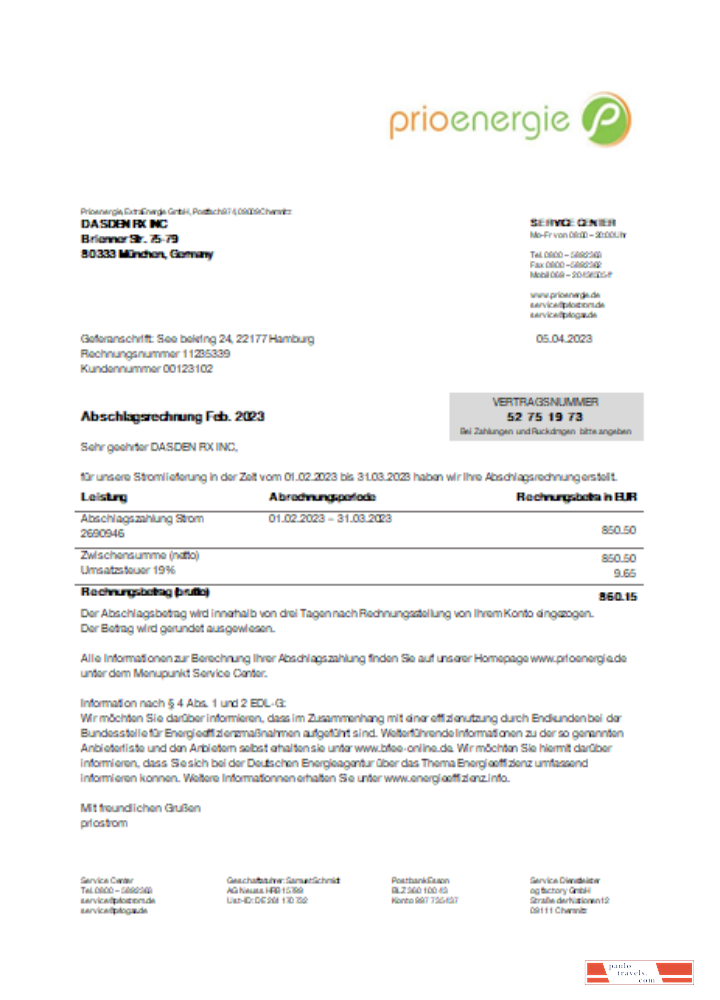 Prioenergie proof of address utility business bill,  SCR PSD template